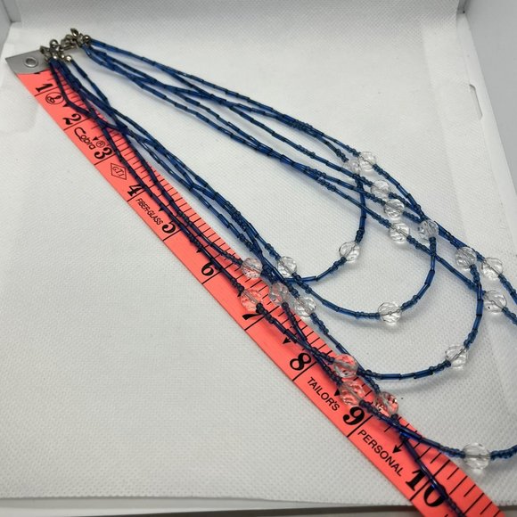 Clear Faceted Crystal & Blue Glass Bugle Beads Multi Layer Silver Tone Necklace‎ - Picture 10 of 10
